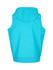 A sleeveless zip hoodie in a bright turquoise colour with a hood, featuring a logo on the back.