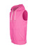A pink sleeveless zip hoodie with a hood and front pockets, featuring a logo.