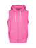 A pink sleeveless zip hoodie with a hood and front pockets, featuring a logo on the garment.