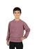 A boy wearing a mauve stone wash sweatshirt, with a relaxed fit and round neckline. The garment has a logo.