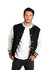 A men's varsity jacket featuring black and white colours, with a logo, stylishly worn by a model standing against a white background.