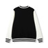 A black and white men's varsity jacket featuring contrasting sleeves and a striped ribbed collar and hem.
