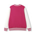 A men's varsity jacket in maroon and white with striped ribbed cuffs and a solid back.