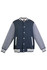 A navy and grey varsity jacket with white stripes and pockets, featuring a branding logo.