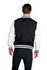 A men's varsity jacket with a black body and white sleeves, featuring striped cuffs and a logo on the back.