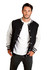 A men's varsity jacket in black and white, featuring a striped collar and a front closure.