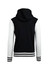 A black varsity jacket with a white hood and contrasting white sleeves, featuring a striped ribbed hem.