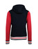 A men's varsity jacket with a navy body and red sleeves, featuring a hood and striped cuffs.