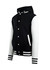 Men's varsity jacket and hood in black with white sleeves and striped cuffs. Features a hood and buttons.