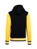 A men's varsity jacket in black and yellow, featuring a hood and striped cuffs, with a branding logo.