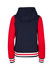 A women's varsity jacket featuring a navy body, red sleeves, and a hood, with a striped ribbed hem.