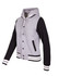 A women's varsity jacket and hood featuring grey and black colours with contrasting striped detailing.