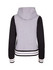 A women's varsity jacket with a grey body and black sleeves, featuring a hood and striped ribbed hem.