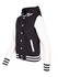 A women's varsity jacket and hood in black and white, featuring a logo and striped cuffs.