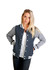 A navy and grey varsity jacket with white striped cuffs and a front button closure. Features a logo on one side.