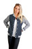 A women's varsity jacket in navy blue and grey, featuring a contrasting sleeve design and a logo.