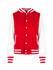 A red and white women's junior varsity jacket with a round collar and striped cuffs, featuring a logo.