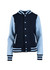 A navy and light blue varsity jacket featuring a logo and striped detailing on the cuffs and hem.