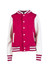 A women's junior varsity jacket in pink and white, featuring a button-up front and striped ribbed cuffs.