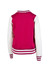 A women's junior varsity jacket featuring a fuchsia body and white sleeves, with striped ribbing at the cuffs and hem.