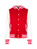A red and white junior varsity jacket featuring a button-up front and striped cuffs. It includes a logo on the chest.