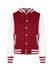 A women's junior varsity jacket in burgundy and white, featuring a sporty design and striped ribbing.