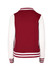 A women's junior varsity jacket featuring a maroon body and white sleeves with striped cuffs. It includes a logo.