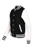 A black and white varsity jacket featuring striped cuffs and a front pocket, with a logo on the chest.