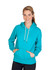A turquoise hoodie with a front pocket and drawstring hood, featuring a logo.