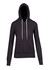 A dark grey hoodie featuring a front pocket, drawstrings, and a logo on the front.