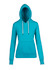 A turquoise women's hoodie with a front pocket and drawstring hood. It features long sleeves and a casual design.