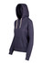 A women's junior hoodie in heather navy with a front pocket and drawstring hood. It features a logo on the front.