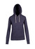 A heather navy hoodie with a front pocket and drawstring hood, featuring a logo on the front.
