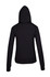A black hoodie with long sleeves and a hood, featuring a fitted design and a logo.