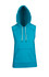 A sleeveless hoodie in vibrant aqua blue, featuring a hood, drawstrings, and a front pocket.