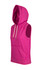 A sleeveless hoodie in vibrant pink with a hood and front pocket, featuring a logo on the design.