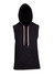 A sleeveless black hoodie featuring a hood and front pocket, with contrasting drawstrings.