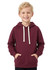 A burgundy heavy fleece hoodie featuring a front pocket and drawstring hood, suitable for juniors.