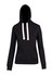 A black women's juniors heavy fleece hoodie featuring a front pocket and drawstrings on the hood.