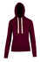 A burgundy heavy fleece hoodie featuring a front pocket and a hood with cream drawstrings. It has a logo visible.