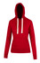 A red heavy fleece hoodie with a hood, front pocket, and contrasting drawstrings. It has a logo on the front.