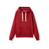 A red heavy fleece hoodie with a hood, front pocket, and contrasting drawstrings. It has a logo on the front.