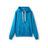 A blue heavy fleece hoodie with a front pocket and a drawstring hood. It features a logo on the chest.
