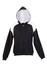 A women's juniors shoulder contrast zip hoodie featuring black and white panels and a front pocket.