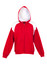 A red and white zip-up hoodie featuring a contrast shoulder design and a front pocket. It has a drawstring hood and a logo.
