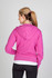 A pink zip hoodie with a hood, featuring a relaxed fit and long sleeves, displayed from the back.