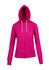 A pink zip hoodie featuring a hood, front pockets, and drawstring detail. It has a branding logo.