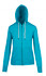 A teal zip hoodie with a hood, featuring a front pocket and drawstring detailing. It has a logo on it.
