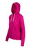 A pink zip hoodie with a hood, featuring front pockets and a logo on the chest.
