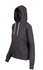A grey zip-up hoodie with a hood, featuring a front pocket and a drawstring. It has a brand logo.